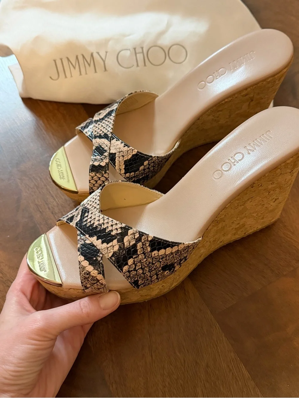 Jimmy Choo Beige and Black Snake-Print Wedge Sandals with Gold Toe Accent